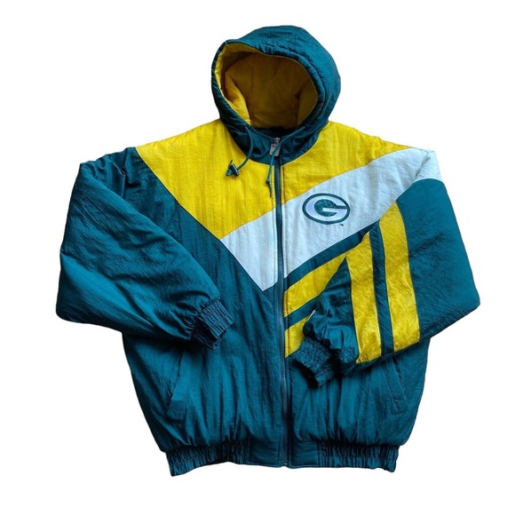 Vintage Green Bay Packers Logo 7 NFL Coat Large Striped Hooded Quilted Puffer